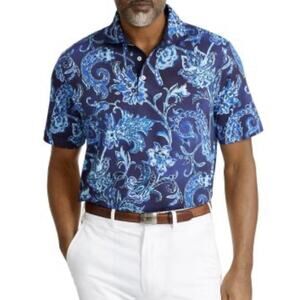 Polo Golf Ralph Lauren Men L Shirt Blue Floral All Over Print SS Cotton Preppy